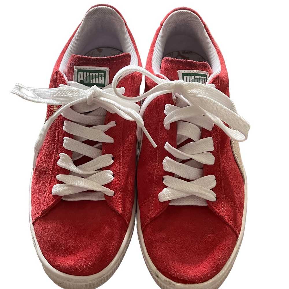 Puma Red and White Suede Low-Top Sneakers